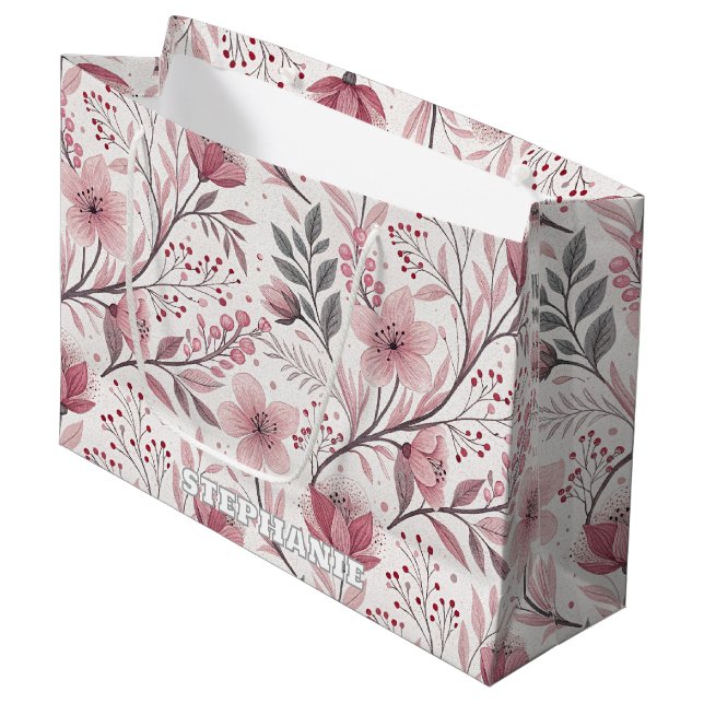 Sacola Para Presentes Grande Pink Cherry Blossom Sakura Pattern on White (3) (Frente inclinada)
