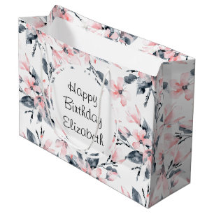 Sacola Para Presentes Grande Pink & Cinza Floral Watercolor Patterno Aniversári
