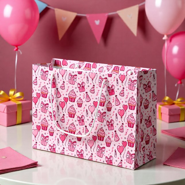 Sacola Para Presentes Grande Pink Cupcakes Birthday GIft Bag (Criador carregado)