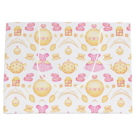 Sacola Para Presentes Grande Pink e Dourada Watercolor Princesa Tea Party