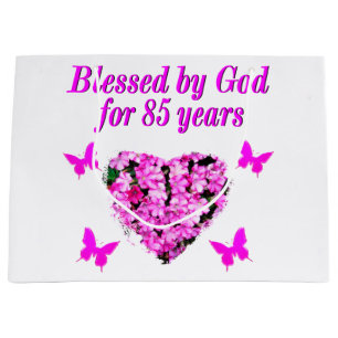 SACOLA PARA PRESENTES GRANDE PINK FLORAL BOMBADO POR DEUS POR 85 ANOS