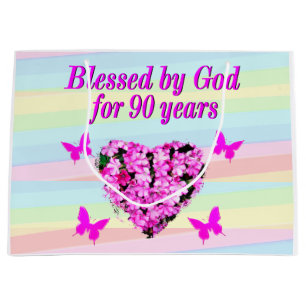 SACOLA PARA PRESENTES GRANDE PINK FLORAL DEUS ADORANDO 90 DE ANIVERSÁRIO SACO D