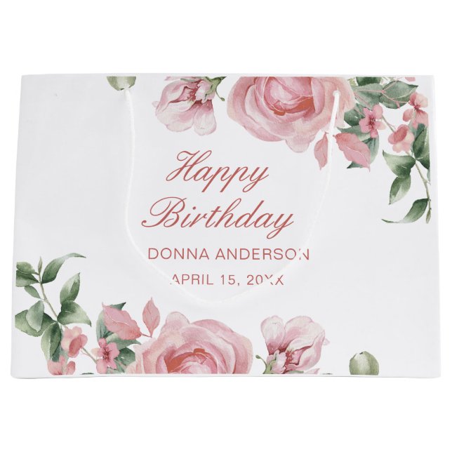 Sacola Para Presentes Grande Pink Floral Rose Birthday Party Plate (Frente)