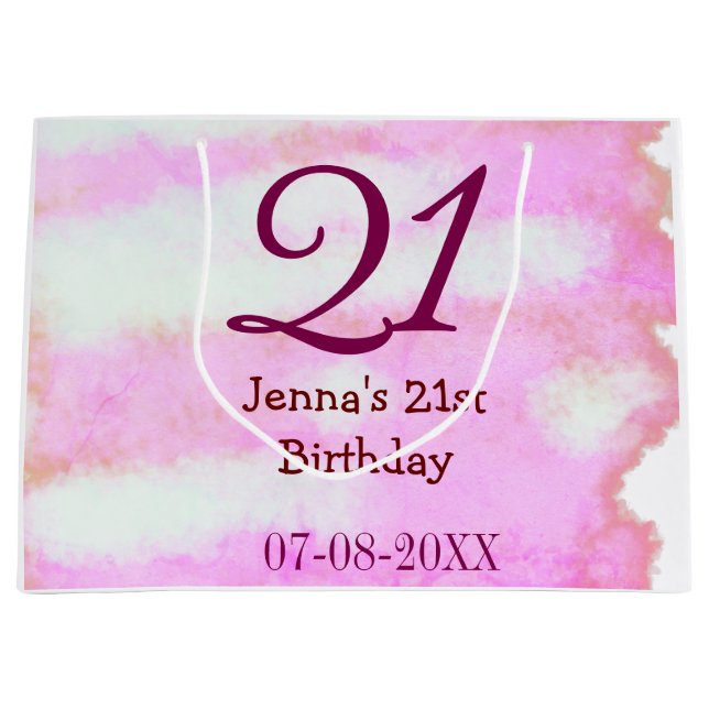 Sacola Para Presentes Grande Pink green pastel 21st birthday simple name date g (Frente)