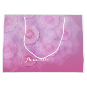 Sacola Para Presentes Grande PINK rosas de Aquarela Romântica nome personalizad