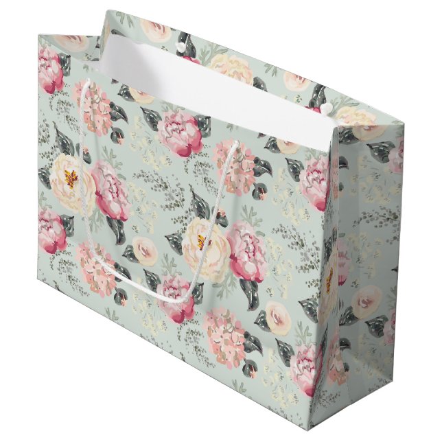 Sacola Para Presentes Grande Pink Rose Garden Flower Pattern (Frente inclinada)