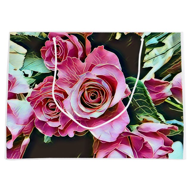 SACOLA PARA PRESENTES GRANDE PINK ROSES FLORES (Frente)