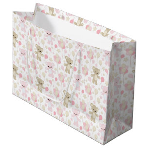 SACOLA PARA PRESENTES GRANDE PINK & TAN TEDDY BEARDY STARS & BALLOONS
