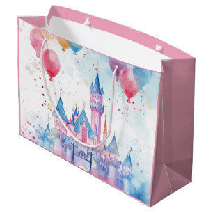 Sacola Para Presentes Grande Pink Watercolor Princess Castle