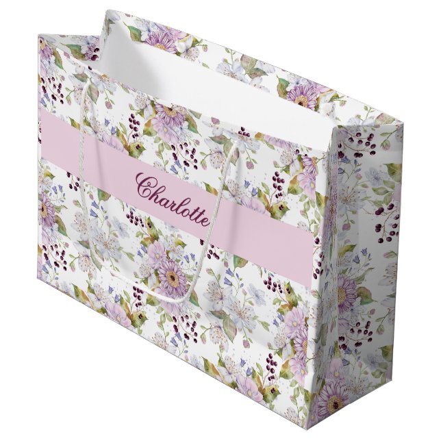 Sacola Para Presentes Grande Pink White Purple Watercolor Wildflower (Frente inclinada)