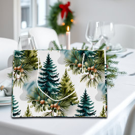 Sacola Para Presentes Grande Pino de Aquarela Padrão Elegante Inverno