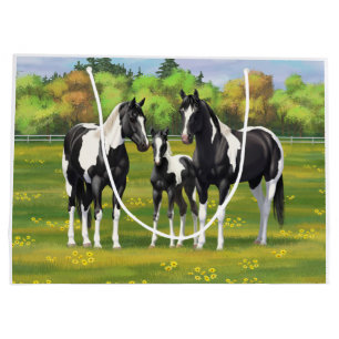 Sacola Para Presentes Grande Pinto Negro Pinto Quarto Cavalos Em Pastagem De Ve