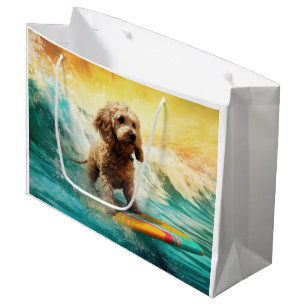 Sacola Para Presentes Grande Pintura de Cockapoo Surfando na Praia