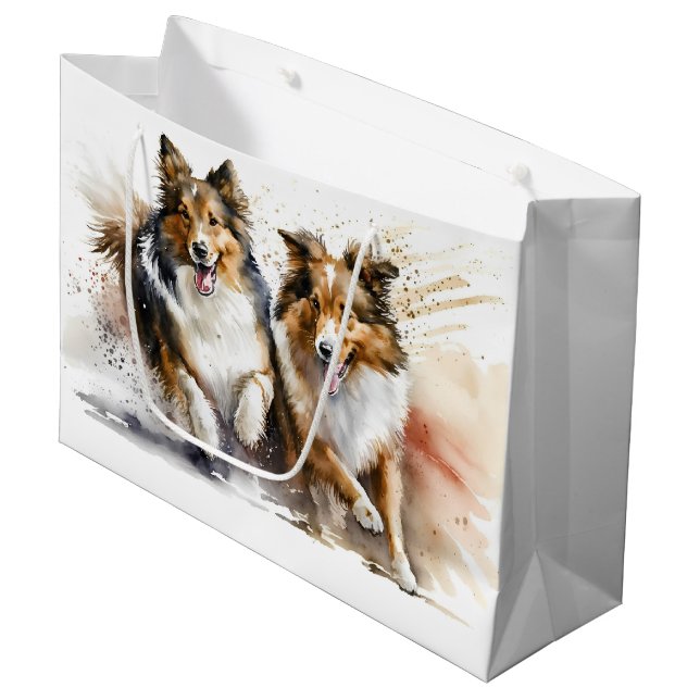 Sacola Para Presentes Grande Pintura de Collies Rough (Frente inclinada)