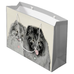 Sacola Para Presentes Grande Pintura de Keeshond, Mãe e Filho - Arte Original d
