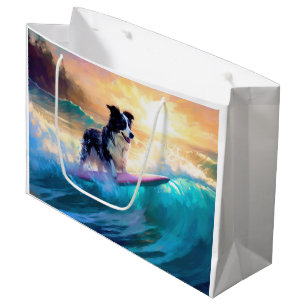 Sacola Para Presentes Grande Pintura de Navegação na Praia de Border Collie