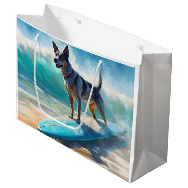 Sacola Para Presentes Grande Pintura de Surfe em Praia Blue Heeler (Frente inclinada)