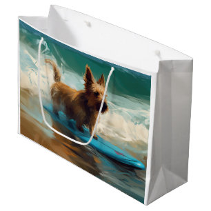 Sacola Para Presentes Grande Pintura de surfe na praia australiana Terrier