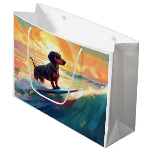 Sacola Para Presentes Grande Pintura de surfe na praia de Dachshund