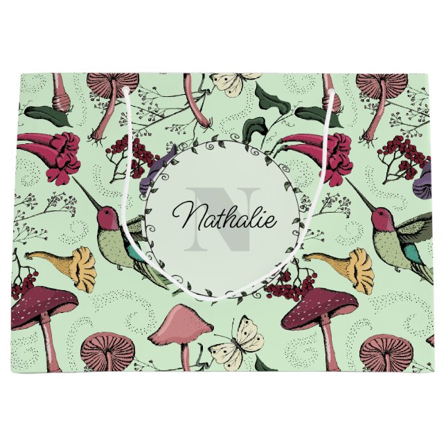 Sacola Para Presentes Grande Placa de Hummingbird Primavera Verde Encantada (Frente)