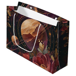 Sacola Para Presentes Grande Planeta Anelado com Cristal Cósmico Arte Fantasia