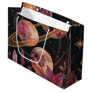 Sacola Para Presentes Grande Planeta Anelado com Cristal Cósmico Arte Fantasia 