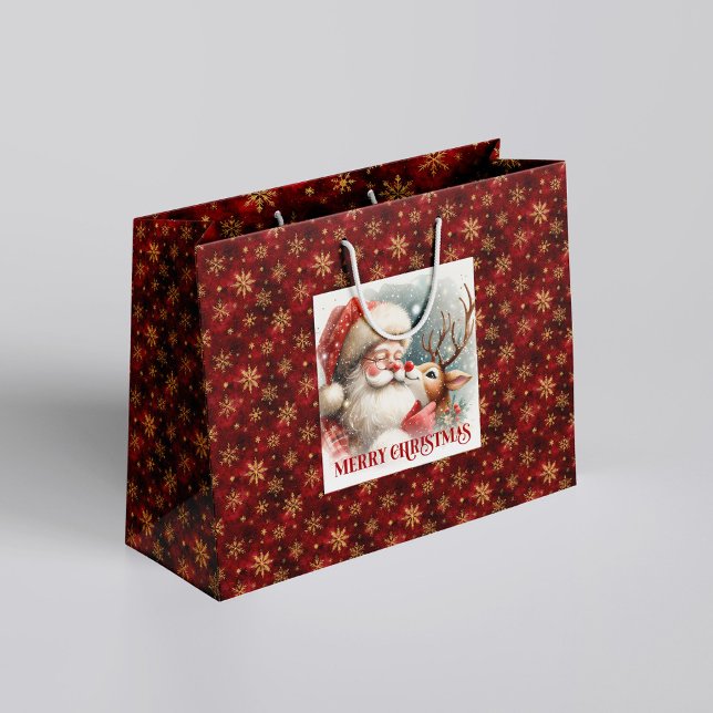 Sacola Para Presentes Grande Playful Santa and Rudolph Winter Christmas Bag (Playful Santa and Rudolph Winter Christmas Bag)