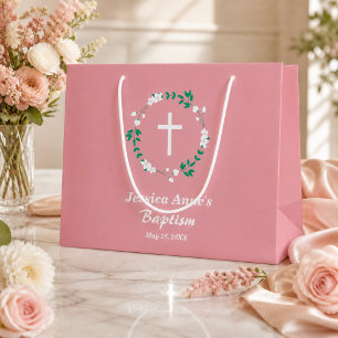 Sacola Para Presentes Grande Pó Rosa Branco Cruz Floral Brasão Batismo 