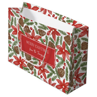Sacola Para Presentes Grande Poinsettia de Aquarela & Pinheiro Feliz Natal De