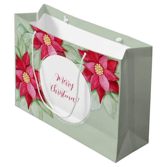 Sacola Para Presentes Grande Poinsettia Natal Pintado com Aquarela (Frente inclinada)