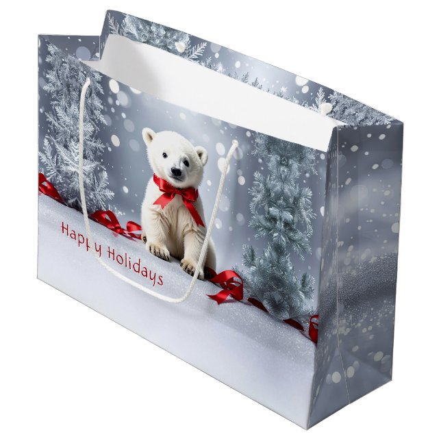 Sacola Para Presentes Grande Polar Bear Christmas Holiday Gift Bag (Frente inclinada)