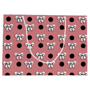 Sacola Para Presentes Grande Pontos de Bolinhas e Laços Rosa Branco Preto Estil