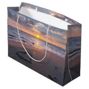 Sacola Para Presentes Grande Pôr do sol Chic na Praia Coração Na Areia