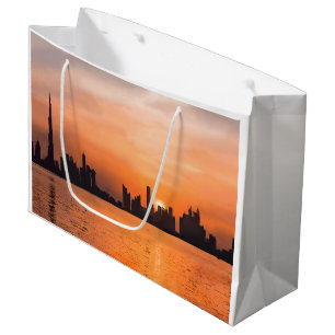 Sacola Para Presentes Grande Pôr do sol sobre uma cidade à beira-mar - aquarela