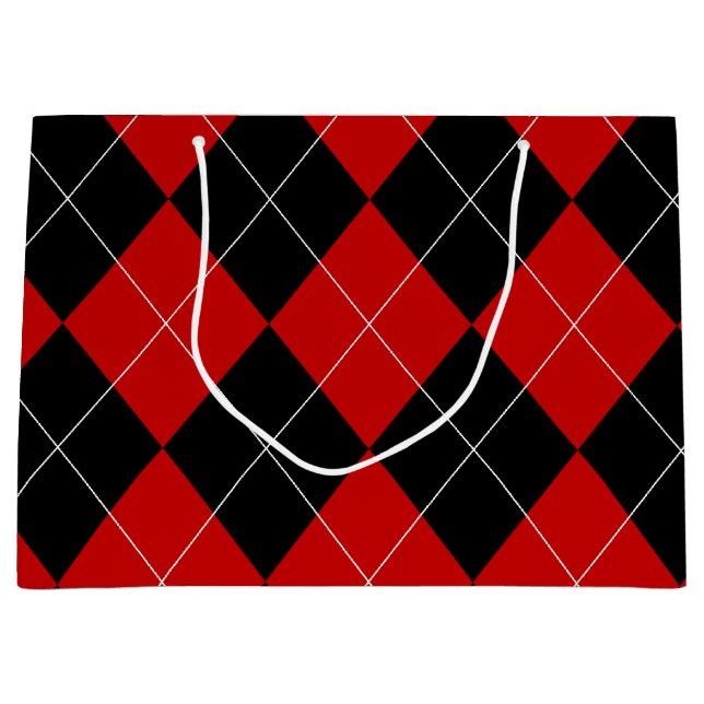 Sacola Para Presentes Grande Preppy Argyle Tartan Diamond Xadrez Red Black (Frente)