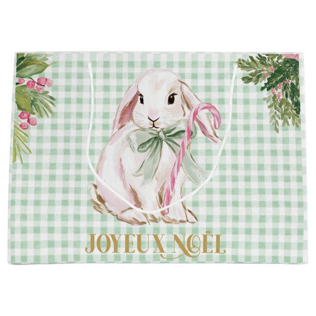 Sacola Para Presentes Grande Preppy Bunny & Green Gingham Joyeux Noël (Frente)