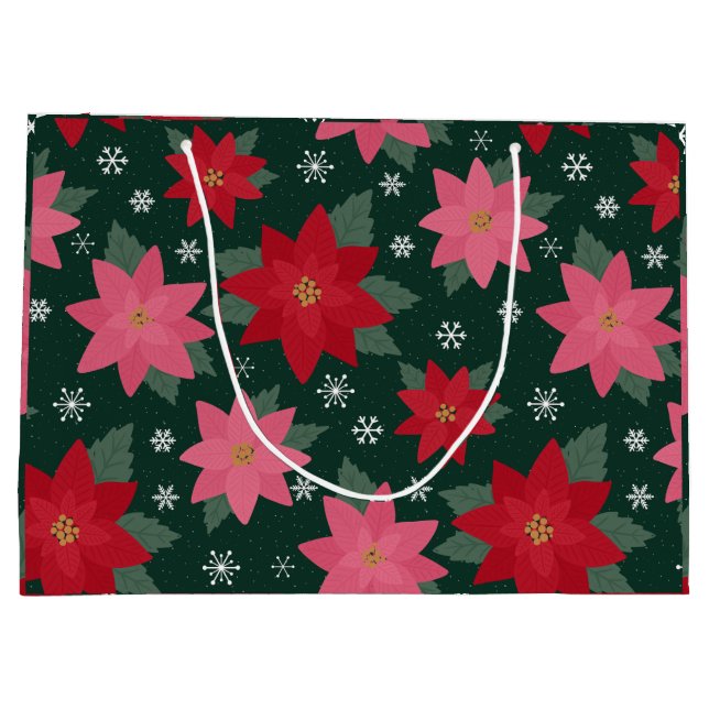 Sacola Para Presentes Grande Preppy Christmas Poinsettias & Snowflake Gift Bag (Verso)