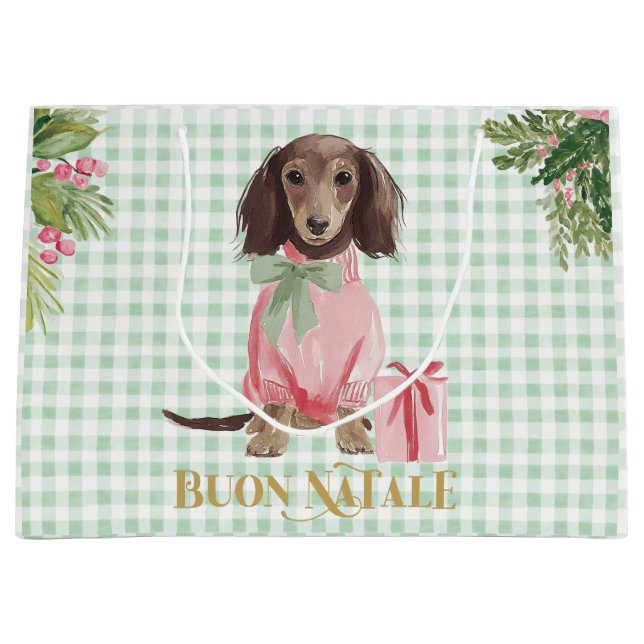 Sacola Para Presentes Grande Preppy Pink Dachshund & Green Gingham Buon Natale (Frente)