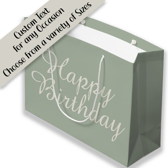 Sacola Para Presentes Grande Presente de aniversário feliz do White Sage Green (Sage green and cream birthday party gift bag)