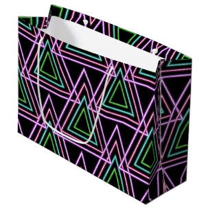 Sacola Para Presentes Grande Preto Colorido Retro Neon Geométrico Triângulos 80
