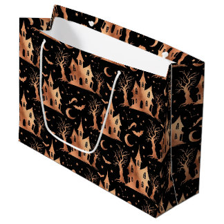SACOLA PARA PRESENTES GRANDE PRETO COM CASAS ASSOMBRADAS DE HALLOWEEN DE COBRE