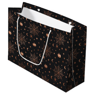 SACOLA PARA PRESENTES GRANDE PRETO COM TEIAS DE ARANHA DE HALLOWEEN DE COBRE