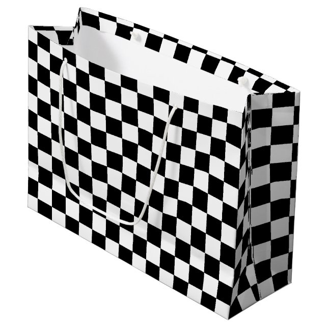 Sacola Para Presentes Grande Preto e branco Checkered (Frente inclinada)