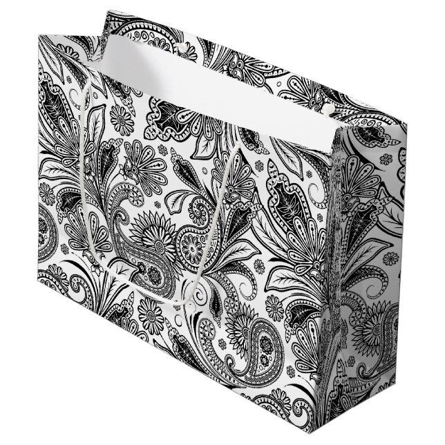 Sacola Para Presentes Grande Preto e branco paisley (Frente inclinada)