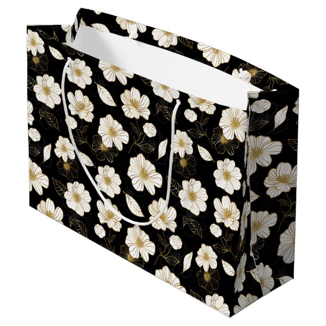 Sacola Para Presentes Grande Preto Floral Branco e Dourado (Verso inclinado)