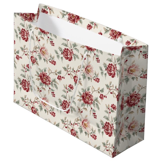 Sacola Para Presentes Grande Pretty Chic Red Cream Floral Birthday  (Frente inclinada)