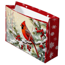Sacola Para Presentes Grande Pretty Christmas Cardinal and Snowflakes Christmas