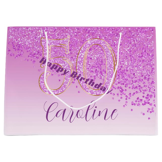 Sacola Para Presentes Grande Pretty Falling Pink Glitter 50th Birthday (Frente)