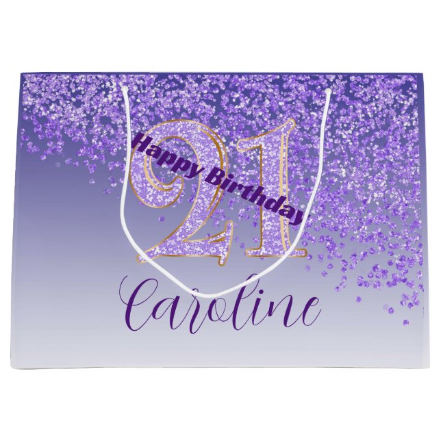 Sacola Para Presentes Grande Pretty Falling Purple Glitter 21st Birthday (Frente)