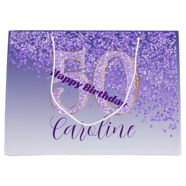 Sacola Para Presentes Grande Pretty Falling Purple Glitter 50th Birthday (Frente)